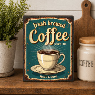 Retro Art Deco Fresh Brewed Coffee Wooden Box Sign