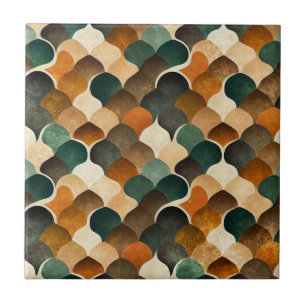 Retro Art Deco Geometry in Warm Gold & Green Ceramic Tile