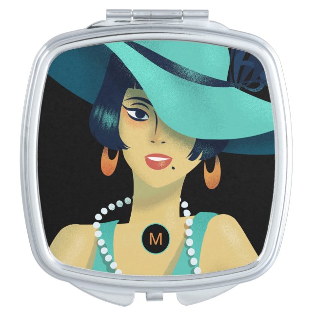 Retro Art Deco Glam Lady Monogram Initial Teal Compact Mirror (Front)