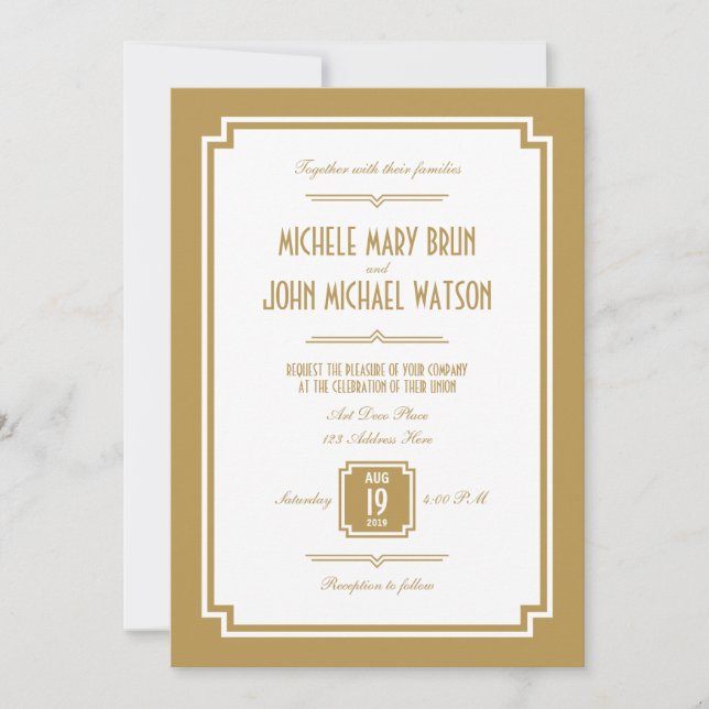 Retro Art Deco Gold Color Frame Wedding Invitation (Front)