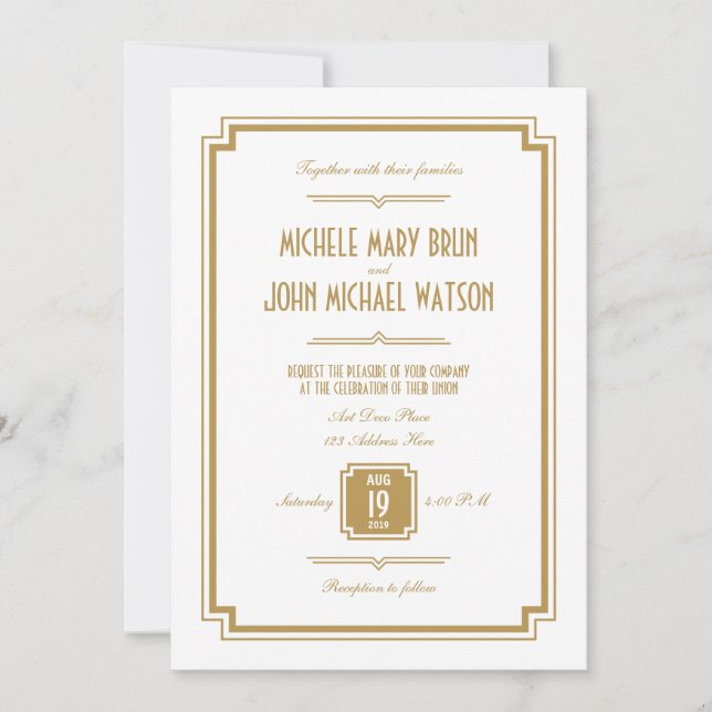 Retro Art Deco Gold Color White Wedding Invitation (Front)