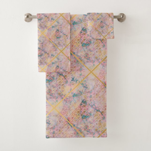 RETRO ART DECO GOLD PINK MARBLE BATHROOM TOWEL (Insitu)
