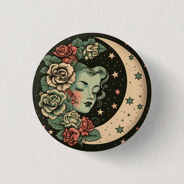 Retro Art Deco Green Crescent Moon Lady Button (Front)