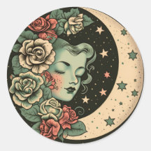 Retro Art Deco Green Crescent Moon Lady
