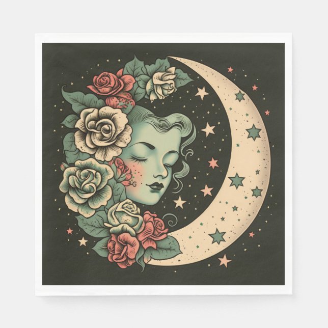 Retro Art Deco Green Crescent Moon Lady Napkins (Front)