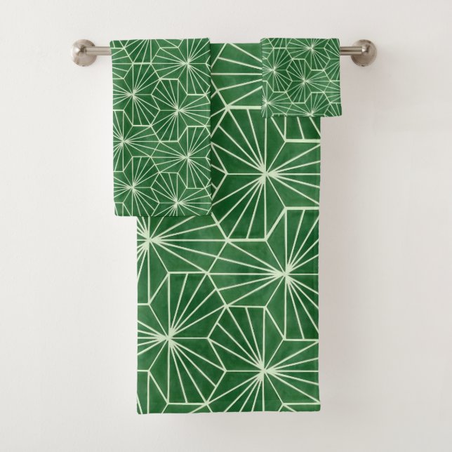 Retro Art Deco Lime Green Geometric Pattern Bath Towel Set (Insitu)