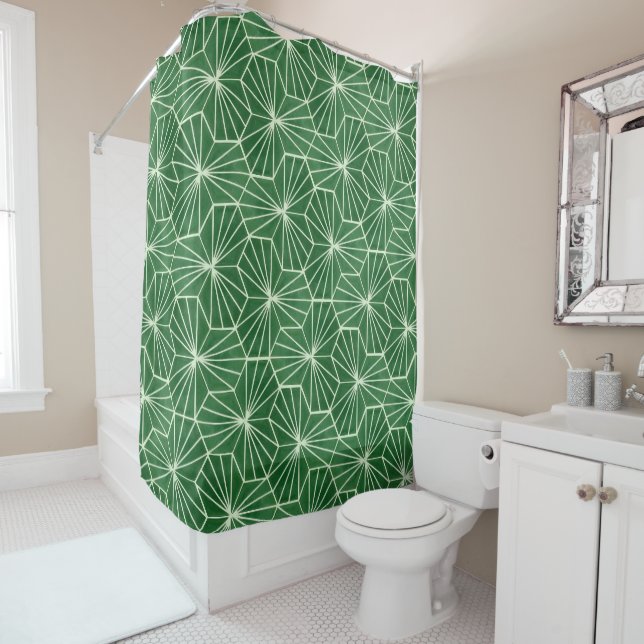 Retro Art Deco Lime Green Geometric Pattern Shower Curtain (In Situ)