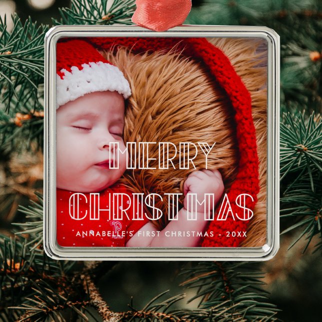 Retro art deco Merry Christmas baby photo Metal Ornament (Creator Uploaded)