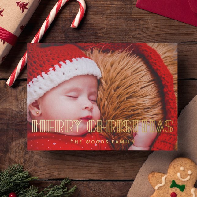 Retro Art Deco Merry Christmas Photo Gold Foil Holiday Card (Creator Uploaded)