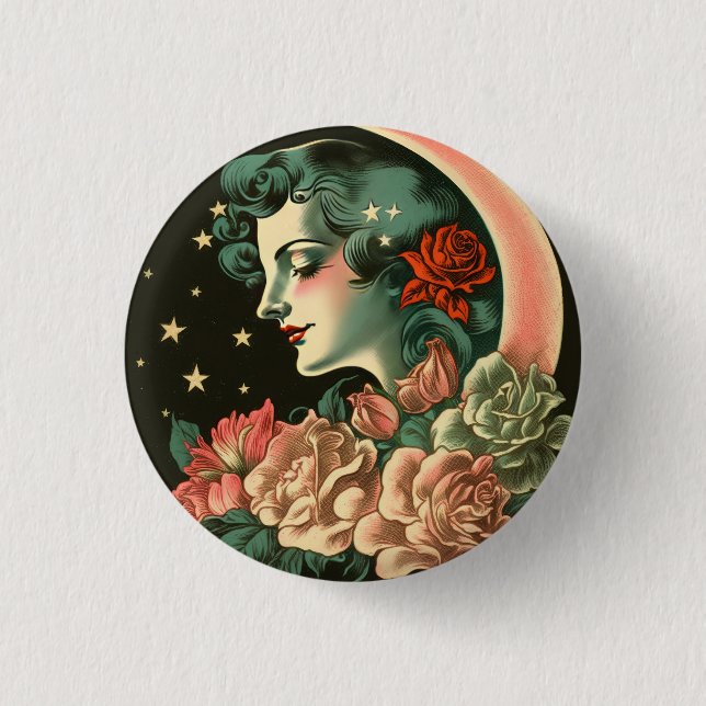 Retro Art Deco Moon Lady & Flowers Button (Front)