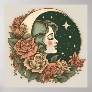 Retro Art Deco Moon Lady Stars & Flowers Poster