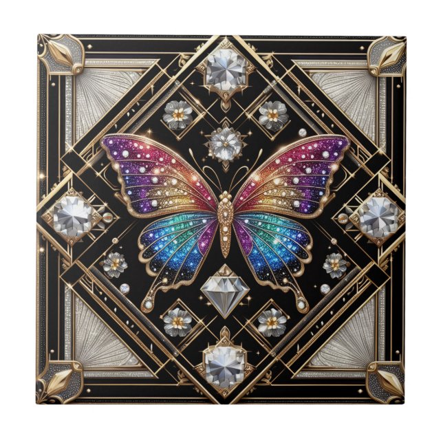 Retro Art Deco Nouveau Rainbow Butterfly Ceramic Tile (Front)