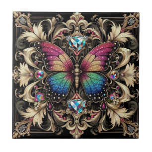 Retro Art Deco Nouveau Rainbow Butterfly Ceramic Tile