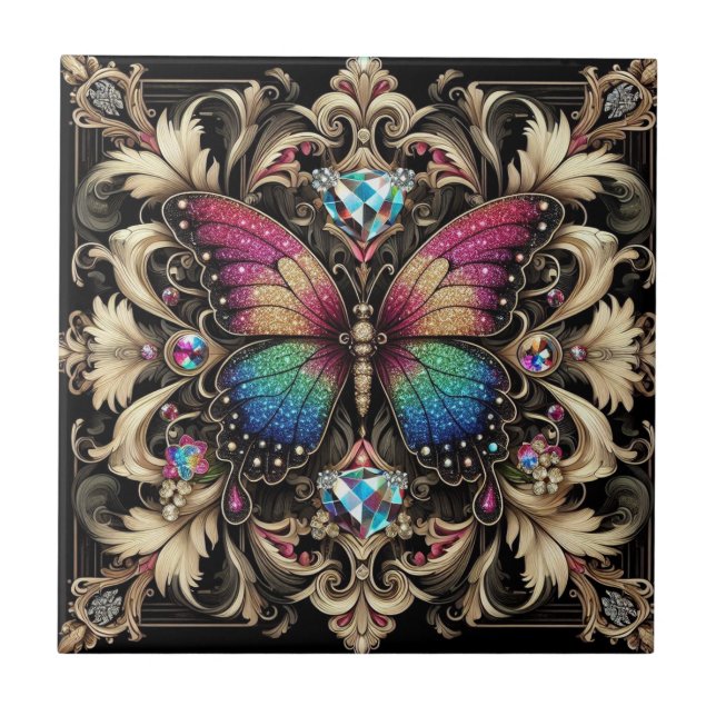 Retro Art Deco Nouveau Rainbow Butterfly Ceramic Tile (Front)