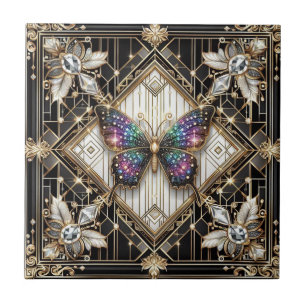 Retro Art Deco Nouveau Rainbow Butterfly Ceramic Tile