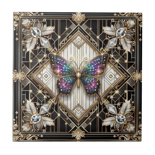 Retro Art Deco Nouveau Rainbow Butterfly Ceramic Tile (Front)