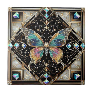 Retro Art Deco Nouveau Rainbow Butterfly Ceramic Tile