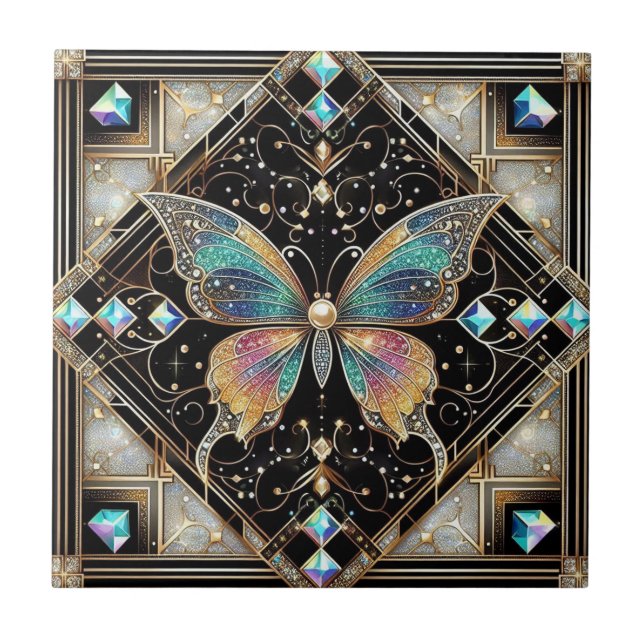 Retro Art Deco Nouveau Rainbow Butterfly Ceramic Tile (Front)