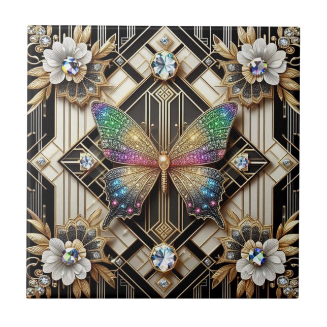 Retro Art Deco Nouveau Rainbow Butterfly Ceramic Tile (Front)