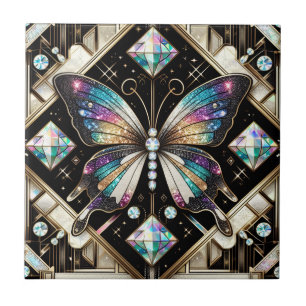 Retro Art Deco Nouveau Rainbow Butterfly Ceramic Tile