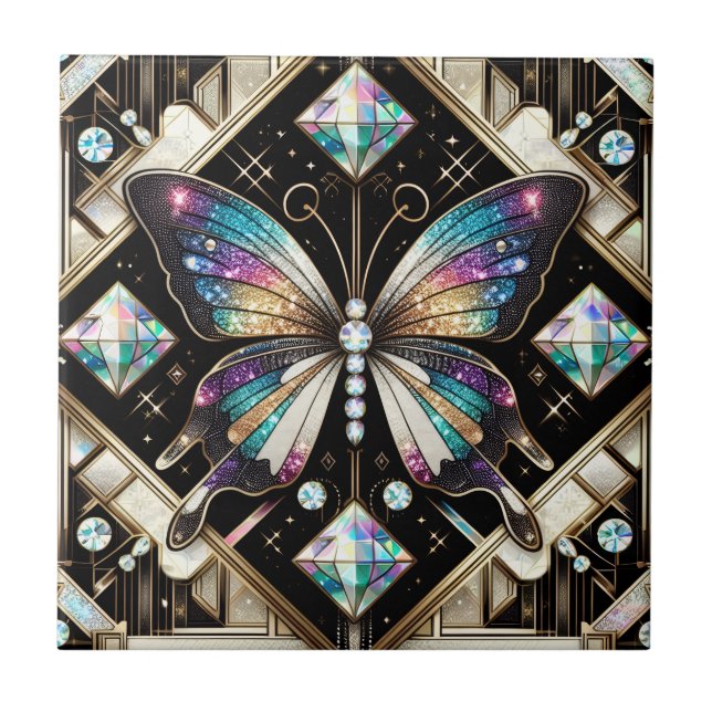 Retro Art Deco Nouveau Rainbow Butterfly Ceramic Tile (Front)