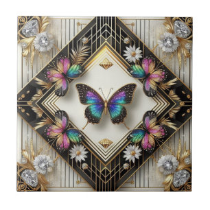 Retro Art Deco Nouveau Rainbow Butterfly Ceramic Tile