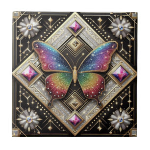 Retro Art Deco Nouveau Rainbow Butterfly Ceramic Tile