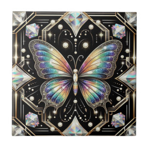 Retro Art Deco Nouveau Rainbow Butterfly Ceramic Tile
