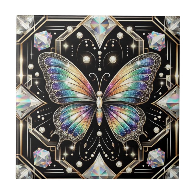 Retro Art Deco Nouveau Rainbow Butterfly Ceramic Tile (Front)