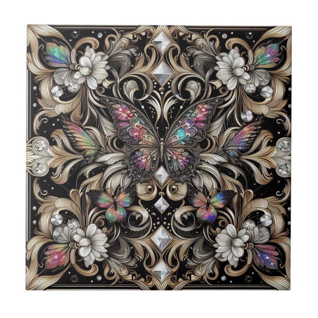 Retro Art Deco Nouveau Rainbow Butterfly Ceramic Tile (Front)