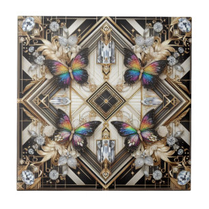 Retro Art Deco Nouveau Rainbow Butterfly Ceramic Tile