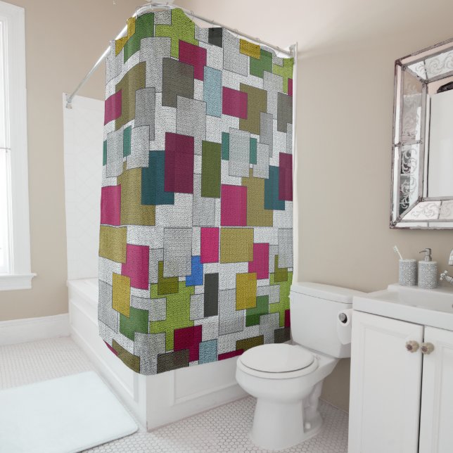 Retro Art Deco Pattern Purple Blue Gray Shower Curtain (In Situ)