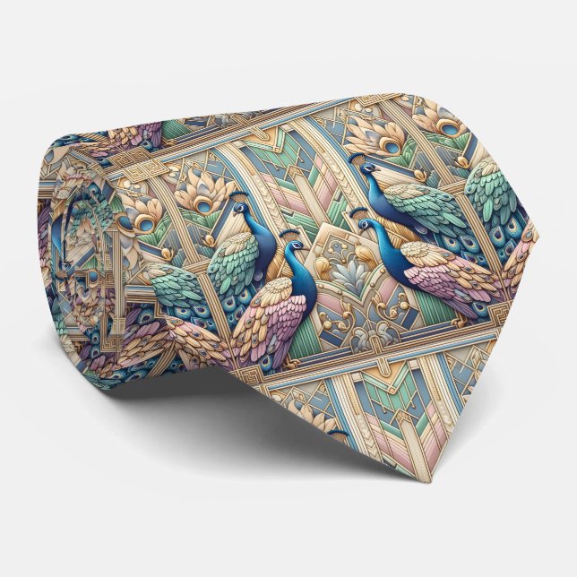 Retro Art Deco Peacocks Neck Tie (Rolled)