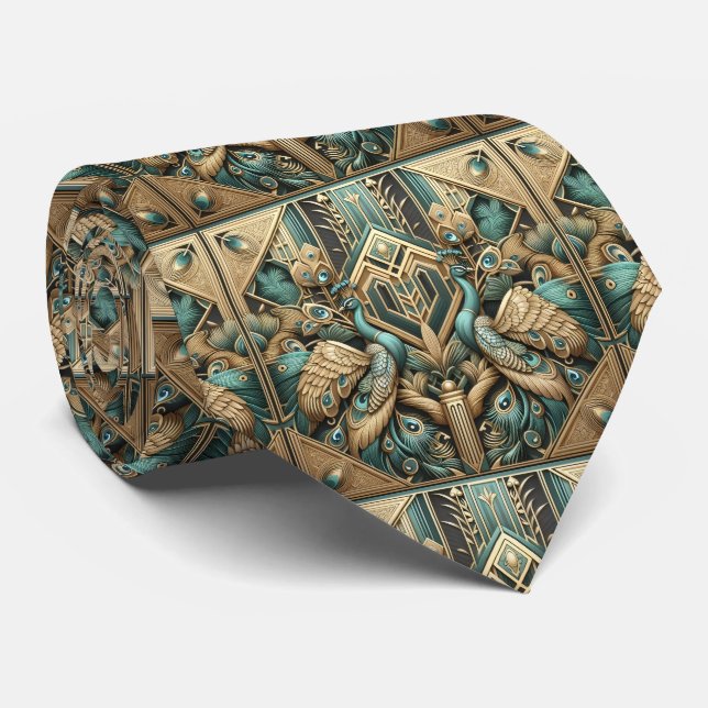 Retro Art Deco Peacocks Neck Tie (Rolled)