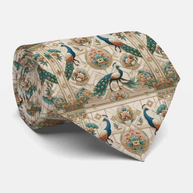 Retro Art Deco Peacocks Neck Tie (Rolled)