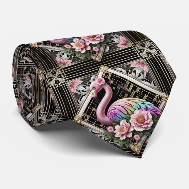 Retro Art Deco Pink Flamingos Neck Tie (Rolled)
