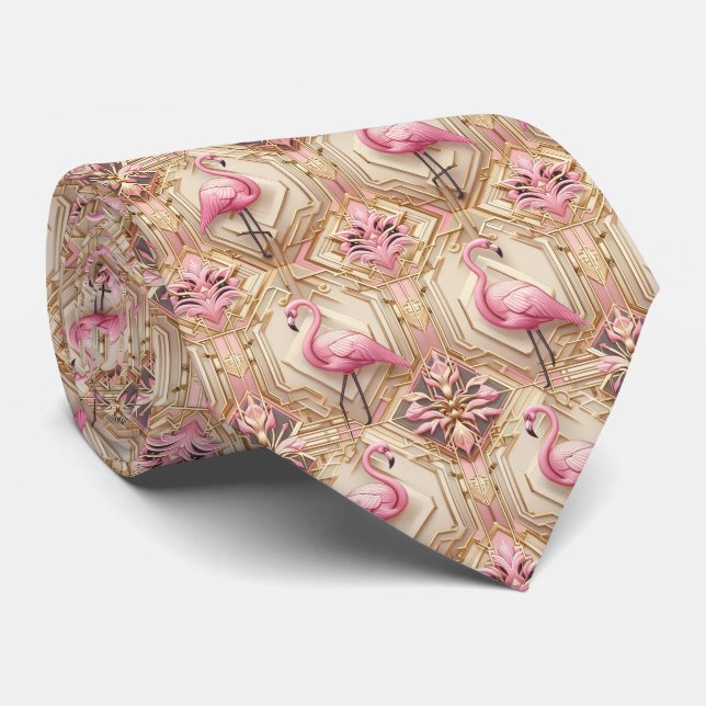 Retro Art Deco Pink Flamingos Neck Tie (Rolled)
