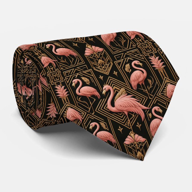 Retro Art Deco Pink Flamingos Neck Tie (Rolled)
