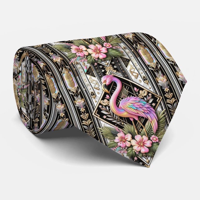 Retro Art Deco Pink Flamingos Neck Tie (Rolled)