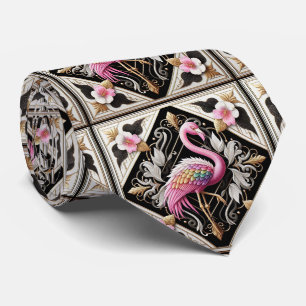 Retro Art Deco Pink Flamingos Neck Tie