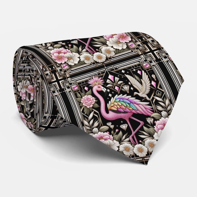 Retro Art Deco Pink Flamingos Neck Tie (Rolled)