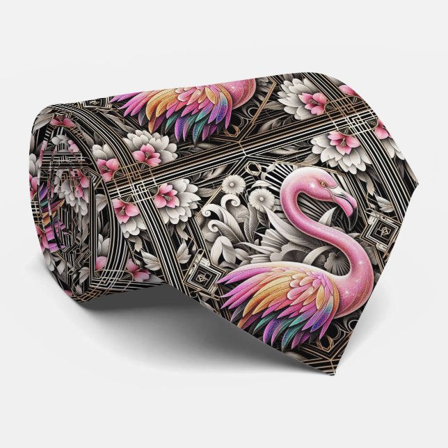 Retro Art Deco Pink Flamingos Neck Tie (Rolled)