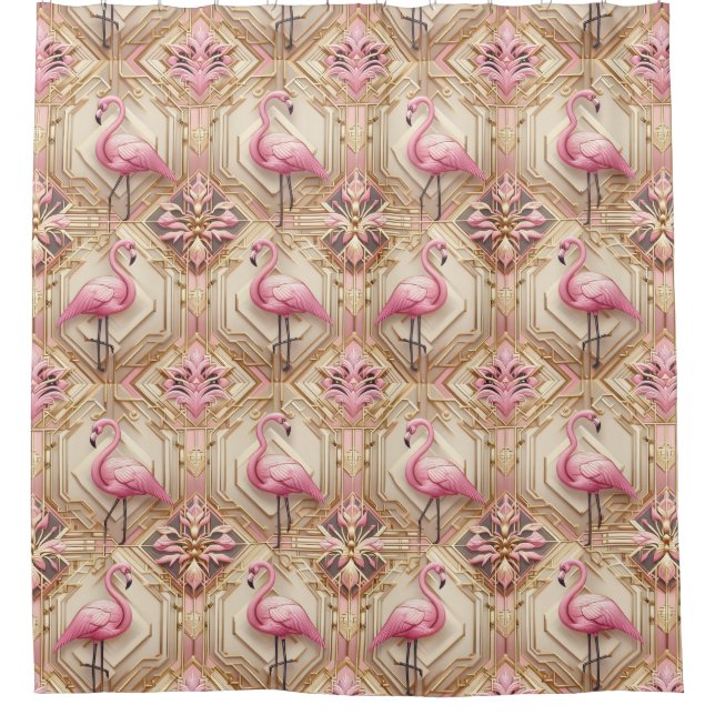 Retro Art Deco Pink Flamingos Shower Curtain (Front)