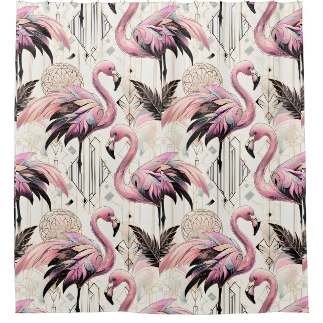 Retro Art Deco Pink Flamingos Shower Curtain (Front)