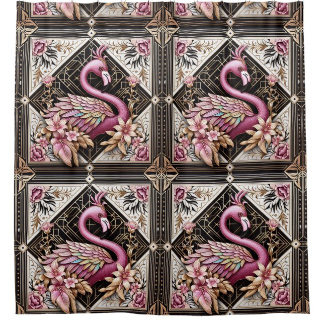 Retro Art Deco Pink Flamingos Shower Curtain (Front)
