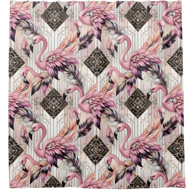 Retro Art Deco Pink Flamingos Shower Curtain (Front)