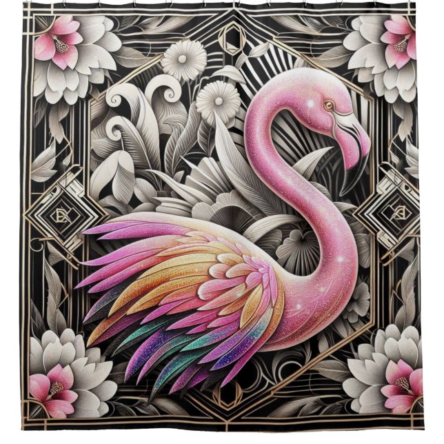 Retro Art Deco Pink Flamingos Shower Curtain (Front)
