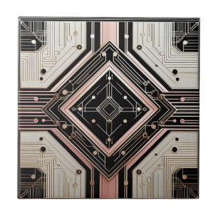 Retro Art Deco Pink Gold and Black Ceramic Tile