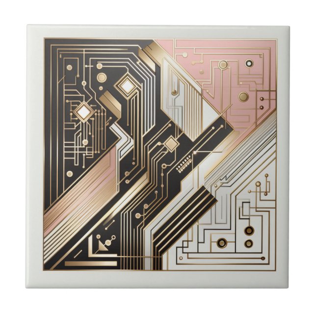 Retro Art Deco Pink Gold and Black Ceramic Tile (Front)