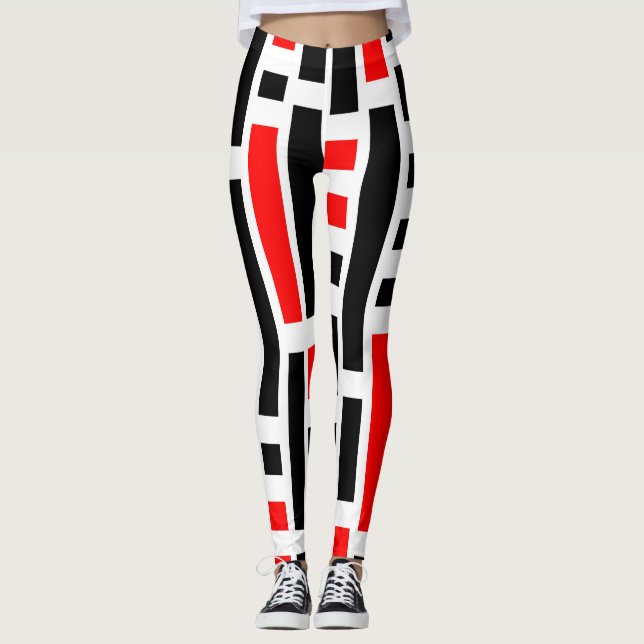Retro Art Deco Red Black Abstract Pattern Design Leggings (Front)